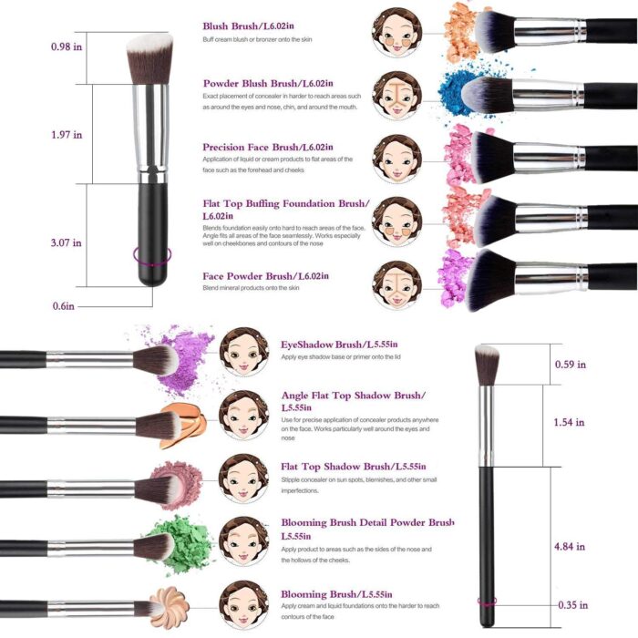 Zirak Synthetic Kabuki Foundation Face Powder Blush Eyeshadow Brush Kit with Blender Sponge and Brush Cleaner – 10 Pcs Makeup Brushes Set (Black/Silver)