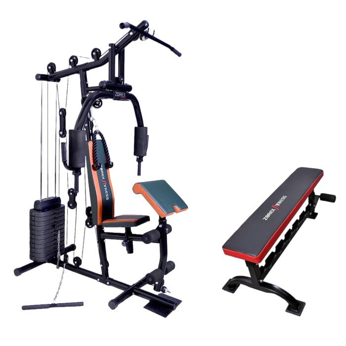 Zorex Home Gym Machine HGZ-1003 for Workout, Multiple Function Exercises with Removable Preacher curl Attachment with Zorex ZF-106 Flat Bench for Home Gym with Dumbbell Rack