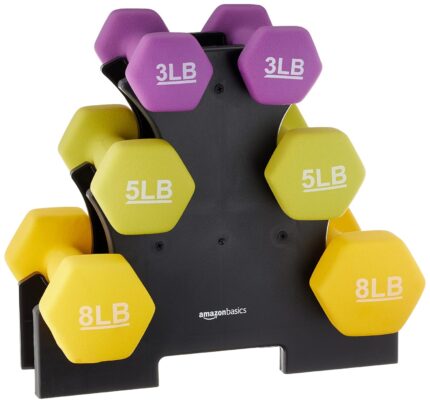 amazon basics 32-Pound Dumbbell Set Of 6 Dumbbells With Stand, Neoprene, Multicolour, 32 Pounds