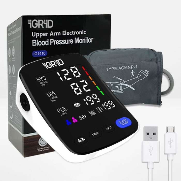 iGRiD Digital Blood Pressure Monitor For Home with Large Memory | Large Color Display With Curved LED Screen | Stress-Free Readings, Accurate Measurements, USB Powered | Fully Automatic, Adjustable Cuff, USB Power for Hassle-Free Monitoring
