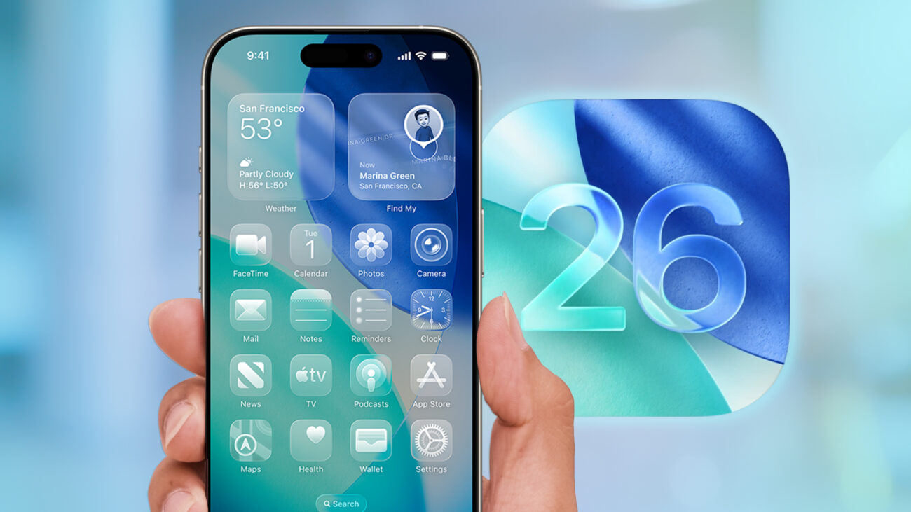 The iOS 26 interface on an iPhone with an iOS 26 logo off to the side