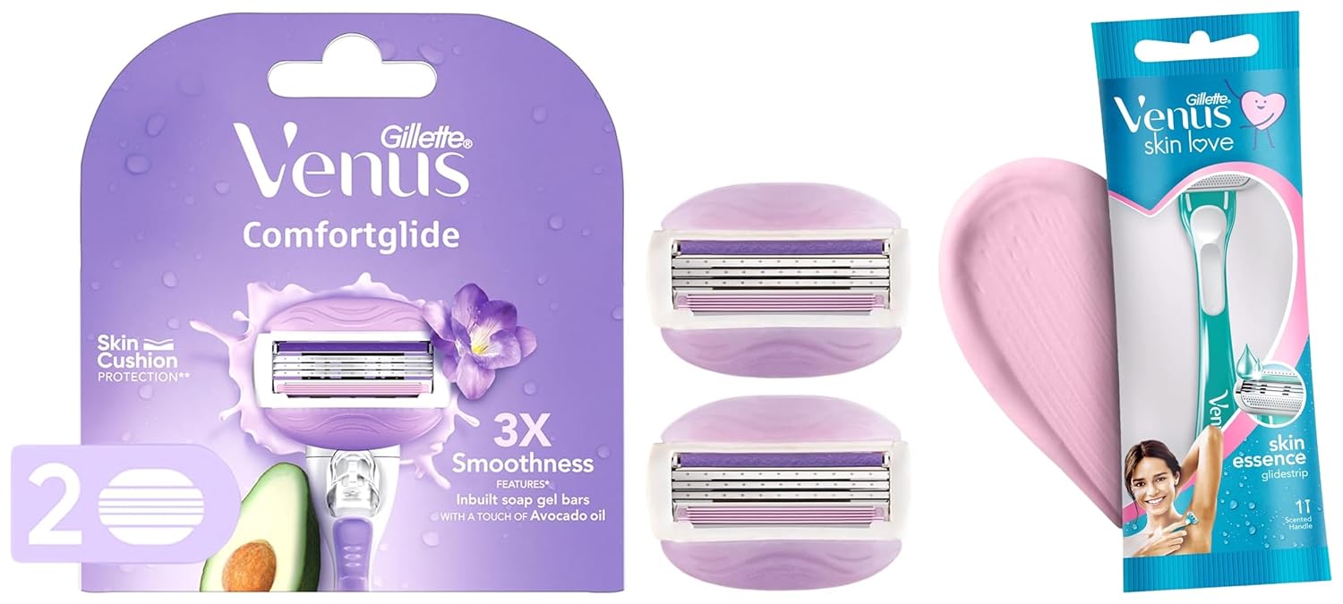 Gillette Venus Skin Love With Skin Essence Womens Razor For Hair Removal-Pack Of 1, Green & Gillette Venus Comfortglide Hair Removal Razor Blades 2 Pcs for Women(Avocado Oils & Freesia scent)