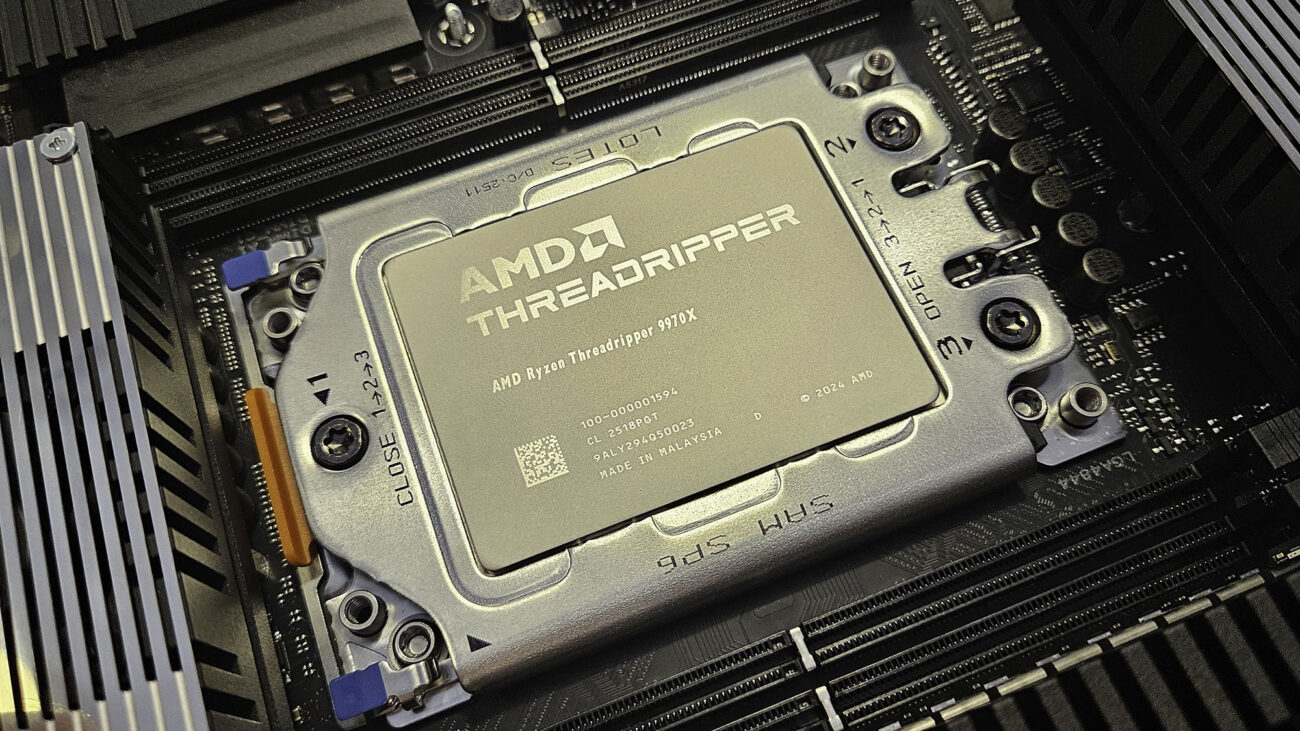 A mockup of an AMD Threadripper 9000-series chip on a reflective surface