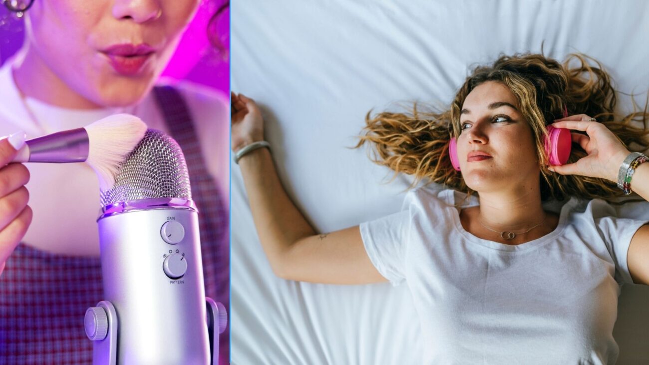 A woman listening to ASMR for sleep in bed stitched together with an image of someone stroking a microphone with a brush