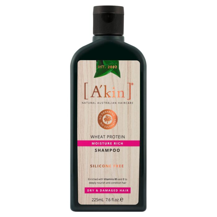 A'kin Moisture Rich Wheat Protein Shampoo, Free From Parabens, Sulfates and Silicones, 225 ml