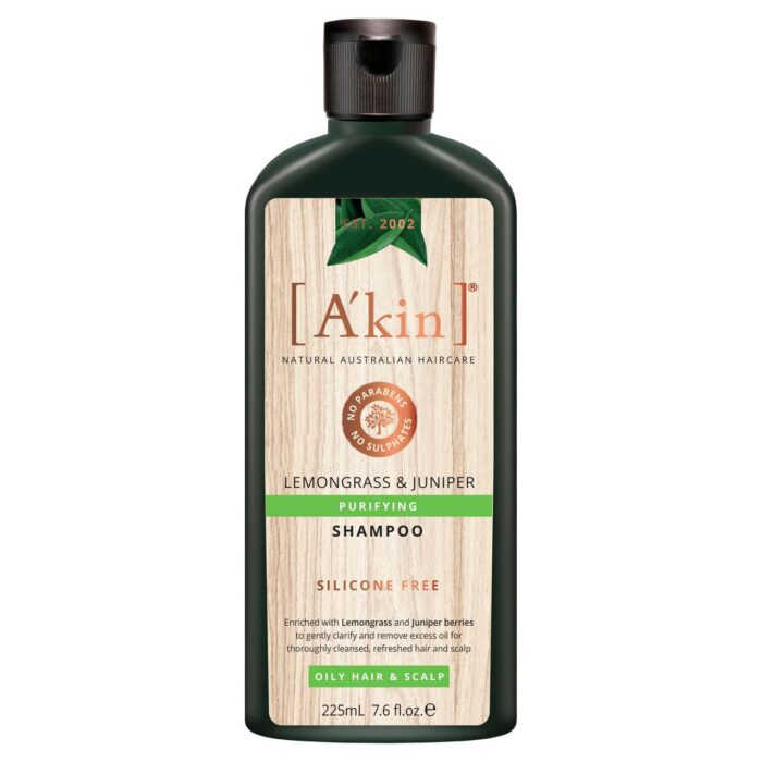 A'kin Natural Purifying Lemongrass & Juniper Shampoo For Oily Hair & Scalp, No Paraben, No Sulphate & Silicone Free, 225 ml