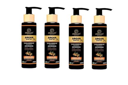 Ayuugain Argan Hair Oil for Men & Women, Biotin, Aloe Vera, Mahabhringraj, Damaged Hair Repair, Hair Fall Control, Enhances Hair Growth, All Hair Types, 100 ml (Pack of 4)