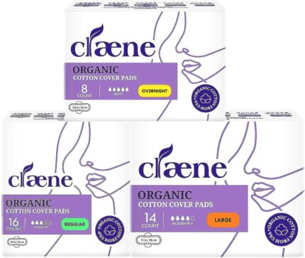 Claene Organic Cotton Cover Pads, Menstrual Regular & Large & Overnight Pads, Unscented, Breathable, Natural Sanitary Napkins with Wings, 1 count