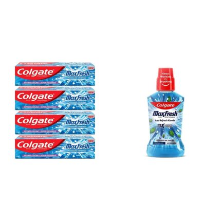 Colgate MaxFresh Breath Freshener Toothpaste, 600g (150g x 4), Peppermint Ice, Blue Gel Paste with Menthol, Cooling crystals for bad breath control & Plax Pepper Mint Mouthwash, 0% Alcohol - 500 ml