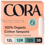 Cora Organic Cotton Tampons with BPA-Free Plastic Compact Applicator; Chlorine & Toxin Free - Variety Pack - Light/Regular/Super (36 Count)