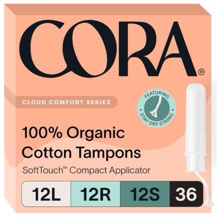 Cora Organic Cotton Tampons with BPA-Free Plastic Compact Applicator; Chlorine & Toxin Free - Variety Pack - Light/Regular/Super (36 Count)