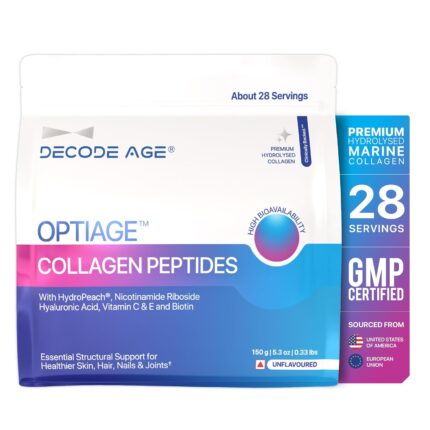 Decode Age Optiage Collagen Supplement|Supports Hair,Skin,Bone And Joint Health|Type 1 Hydrolysed Collagen,Hydropeach,Nr,Vitamin C& E,Hyaluronic Acid,Biotin|150 Gm,28 Servings,1 Count