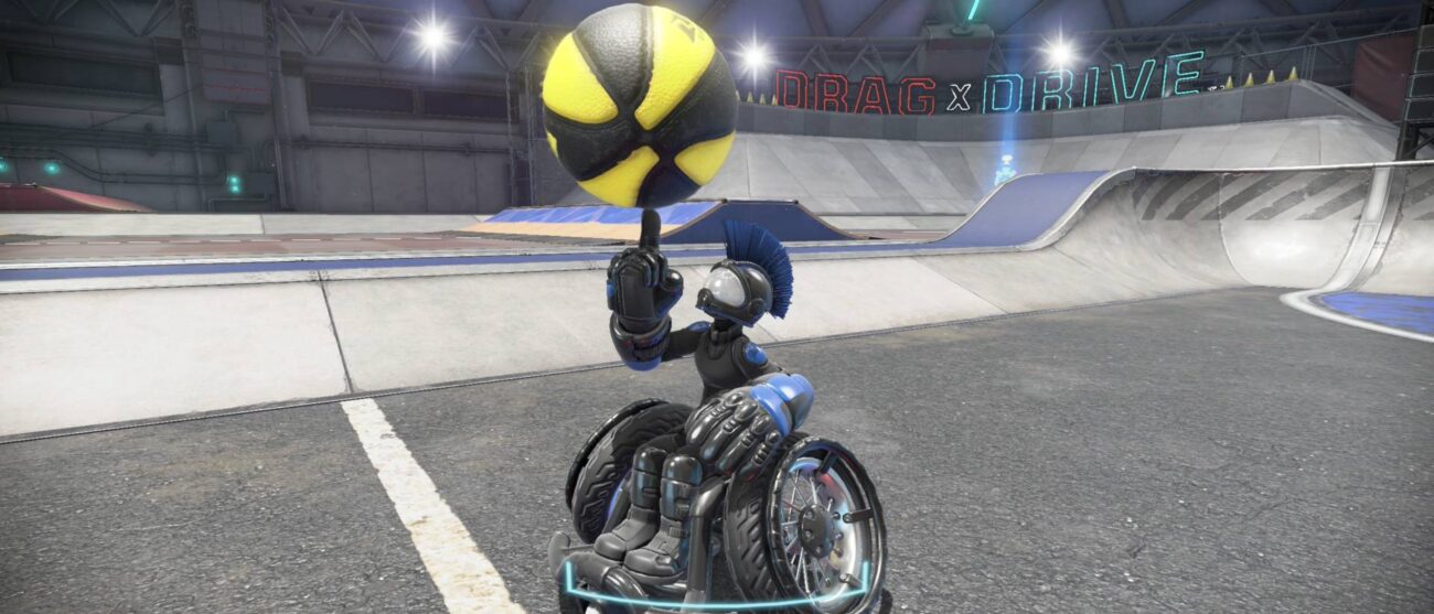 Player spinning basketball on finger in Drag x Drive