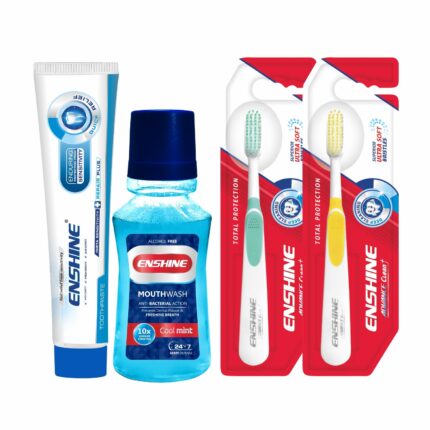 Enshine Oral Care Combo Pack of 4 - Enshine Sensitive Anti-Cavity Toothpaste (100g) |Cool Mint Mouthwash (150ml) and Advance Toothbrush (2 pcs) |Helps to Make Teeth Healthy and Remove Bad Breath