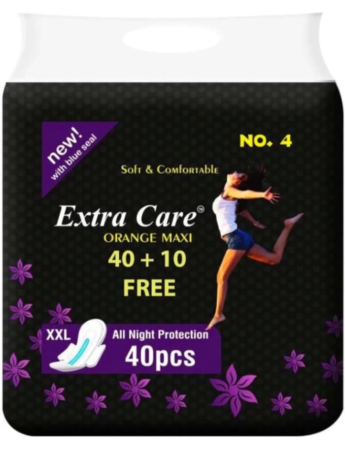Extra Care Orange Maxi XXL Sanitary Pads, 40 Pieces + 10 Free, All Night Protection, Soft & Comfortable
