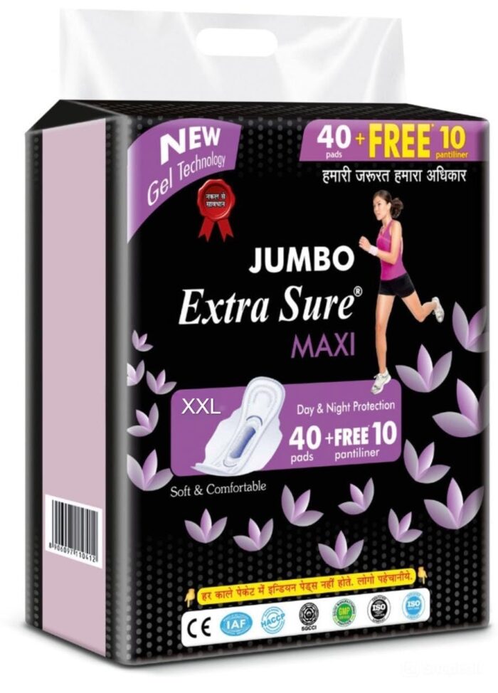 Extra Sure XXL Maxi Sanitary Pads with Gel Technology, 40 Pads + 10 Free Pantiliners, Day & Night Protection