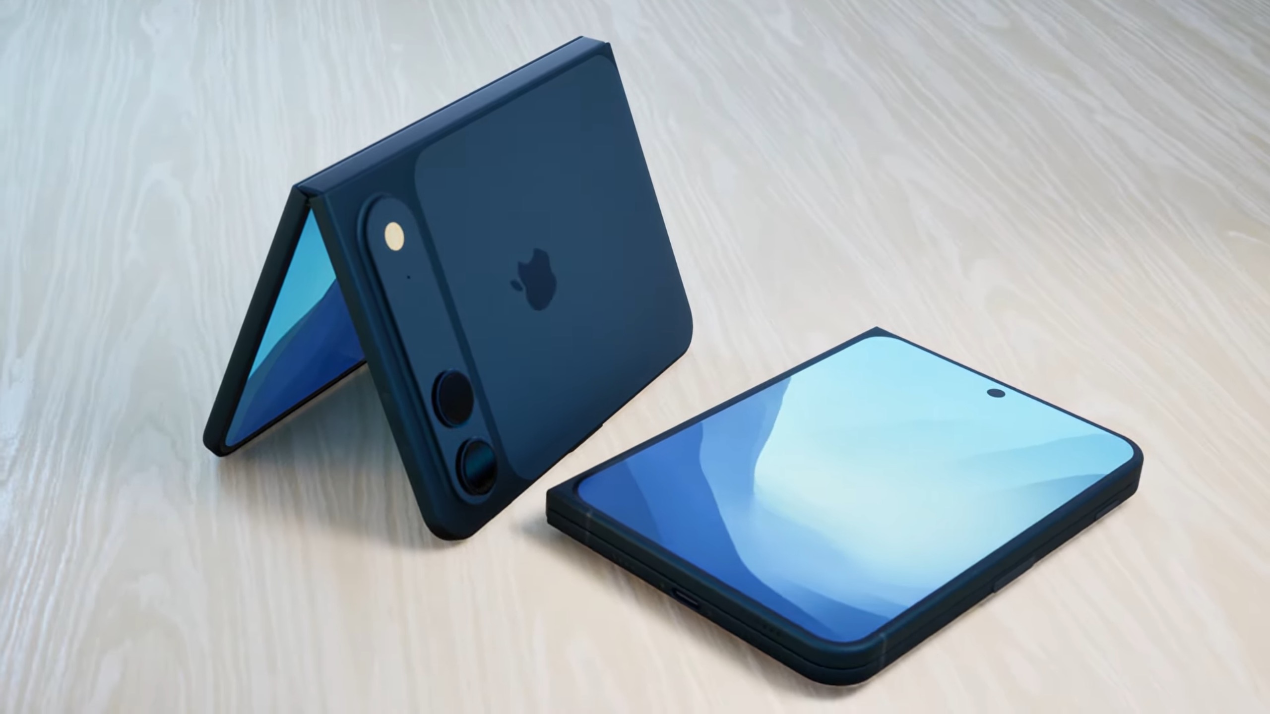 An unofficial render of the iPhone Fold, closed and open in a tent position