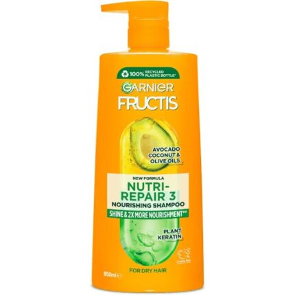 Garnier Fructis Nutri-Repair 3 Nourishing Shampoo | Avocado, Coconut & Olive Oils with Plant Keratin | For Dry Hair | 850ml | 2X Nourishment & Shine | Recycled Bottle
