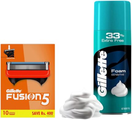 Gillette Fusion Shaving Blades- Pack of 10 (Cartridges) & Classic Sensitive Shave Foam - 418 g (33% extra)