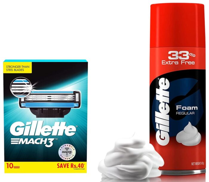 Gillette Men Mach3 Shaving 3-Bladed Cartridges, Pack of 10 & Classic Regular Pre Shave Foam, 418g with 33% Extra Free