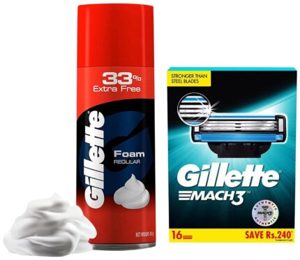 Gillette Men Mach3 Shaving 3-Bladed Cartridges, Pack of 16 & Classic Regular Pre Shave Foam, 418g with 33% Extra Free