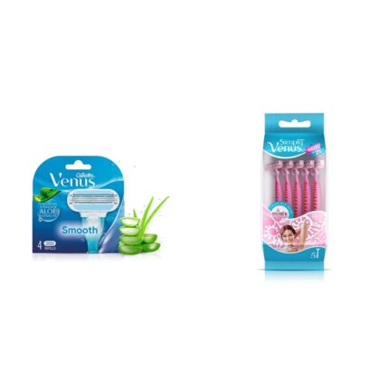 Gillette Venus Hair Removal Razor Blades/Refills/Cartridges for Women - 4 Pieces (Aloe Vera Glidestrip) & Gillette Venus Simply Venus Pink Hair Removal for Women - 5 razors (B4G1)