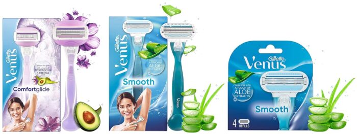 Gillette Venus Hair Removal Razor Blades/Refills/Cartridges for Women, 4 Pc (Aloe Vera Glidestrip) & Hair Removal Razor for Women, 1 Pc & Comfortglide Hair Removal Razor for Women, Freesia Scent, 1 Pc