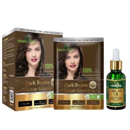 Herbishh Hair Care Combo - Dark Brown Ammonia-Free Hair Color Shampoo 25ml x 10 Pouches & Moroccan Argan Oil Hair Serum (30ml) for Nourished, Frizz-Free Hair