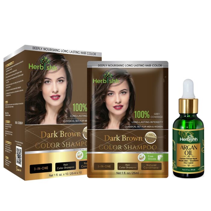 Herbishh Hair Care Combo - Dark Brown Ammonia-Free Hair Color Shampoo 25ml x 10 Pouches & Moroccan Argan Oil Hair Serum (30ml) for Nourished, Frizz-Free Hair