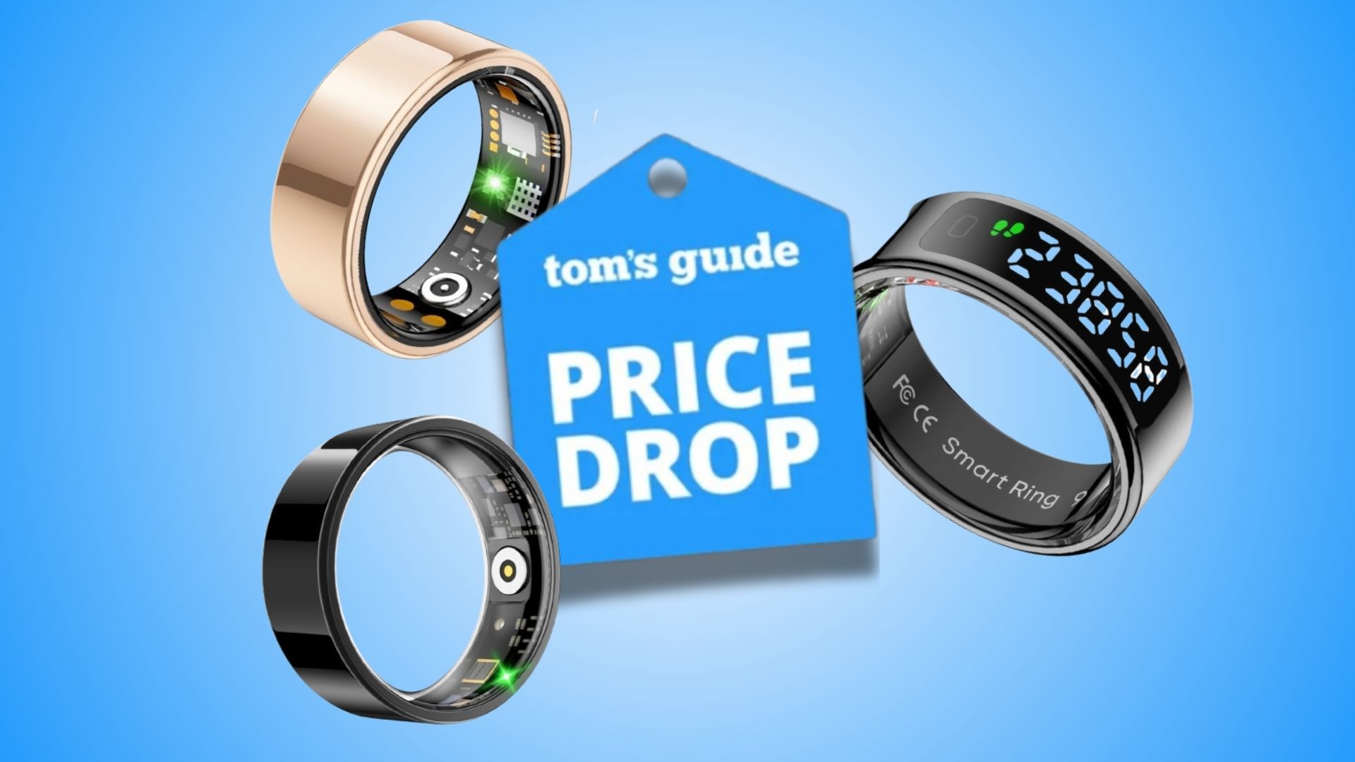 Three smart rings (one gold, two black) surrounding Tom's Guide price drop logo