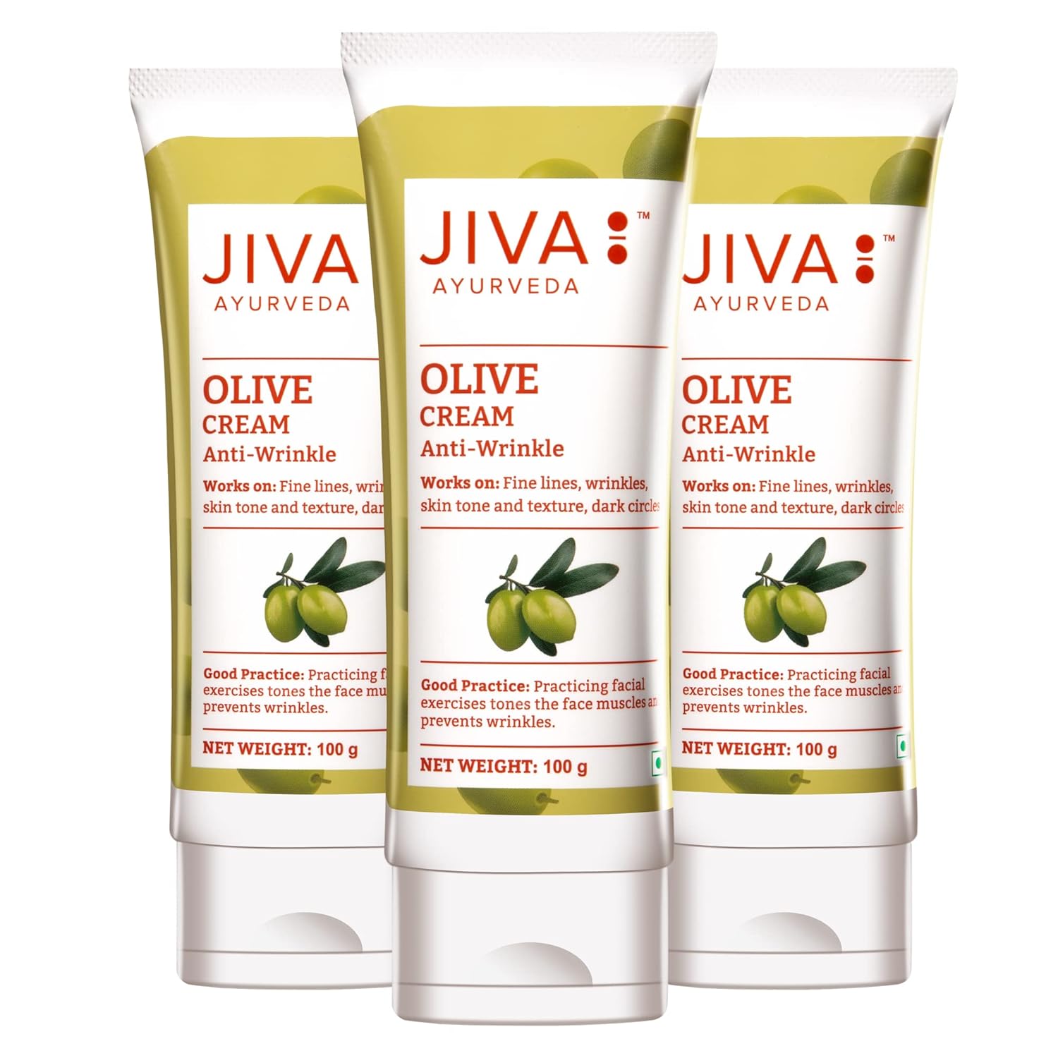 Jiva Olive Cream 100gm | 100% Ayurvedic Formula, Free From Paraben & Silicone | Prevents Pimples, Acne, Wrinkles, & Dullness | Boosts Collagen & Prevents Aging | Ideal For All Skin Types (Pack of 3)