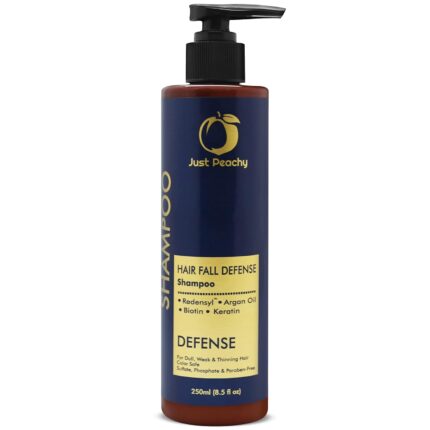 Just Peachy Hair Fall Defense Shampoo | Redensyl + Keratin + Moroccan Argan Oil + Biotin | Color Safe | For Dull, Weak & Thinning Hair | No Sulfate, Paraben, Phosphates | 100% Vegan | 250ml