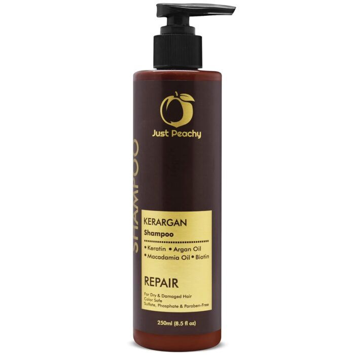 Just Peachy KerArgan Repair Shampoo | Keratin + Moroccan Argan Oil + Macadamia Oil + Biotin | Color Safe | For Dry & Damaged Hair | No Sulfate, Paraben, Phosphates | 100% Vegan | 250ml