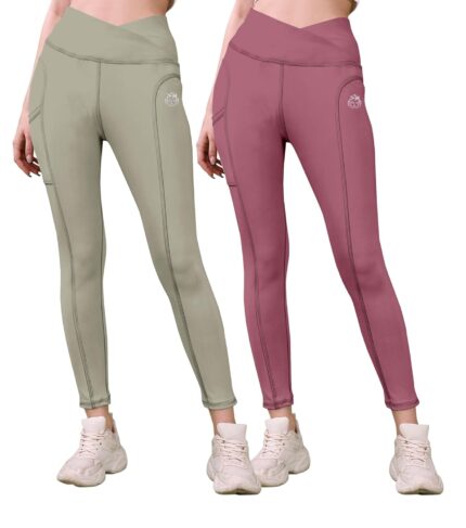 KASHIKAY CREATION Women’s Polyester Stretchable Leggings with Solid Print High Rise Waist Style Slim Fit and Standard Length | Activewear Tights | Gym Fitness Leggings | Daily Use Set | Pack of 2