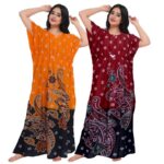 KIRTI KurtiesS Women Casual Floral Printed Multicolor Night Wear Gown/Free Size Kaftan/Cotton Kaftan Nighty Pack of 2_KFN124-Free