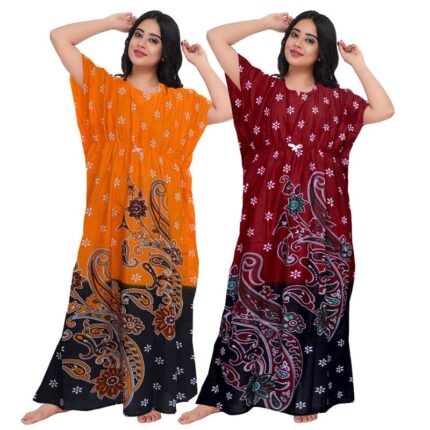 KIRTI KurtiesS Women Casual Floral Printed Multicolor Night Wear Gown/Free Size Kaftan/Cotton Kaftan Nighty Pack of 2_KFN124-Free