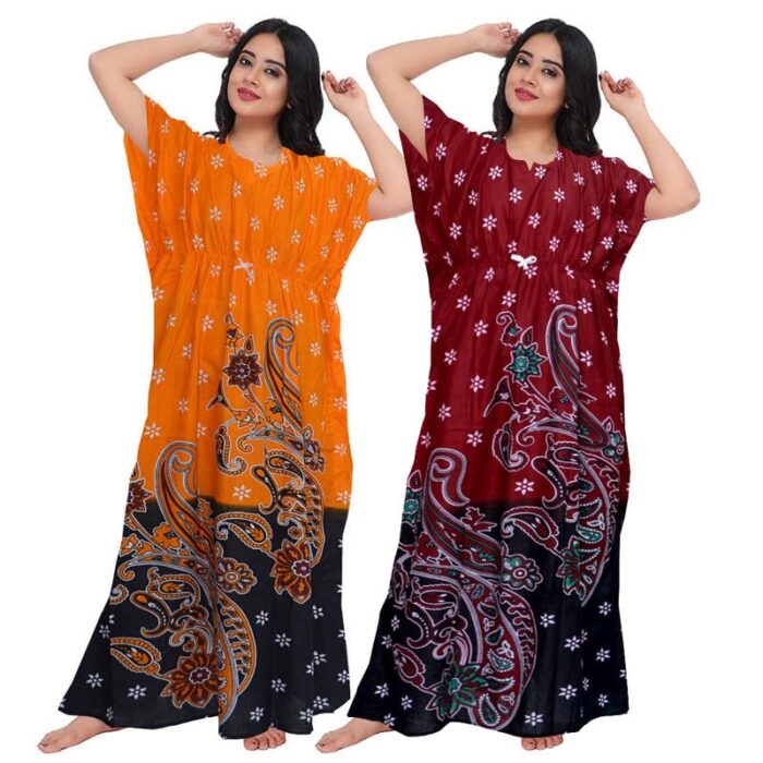 KIRTI KurtiesS Women Casual Floral Printed Multicolor Night Wear Gown/Free Size Kaftan/Cotton Kaftan Nighty Pack of 2_KFN124-Free