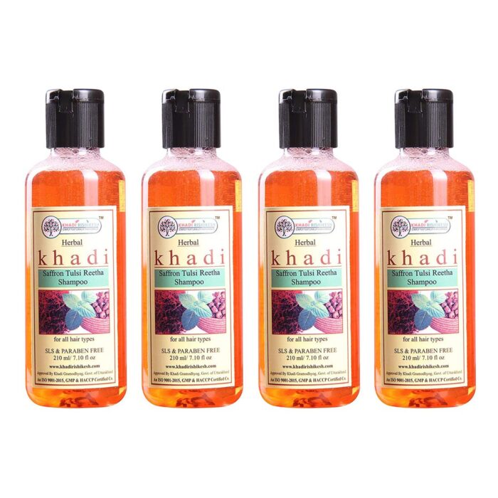 Khadi Rishikesh Herbal Saffron Tulsi Reetha Shampoo Combo Set Pack Of - 210ml X 4 (840ml)