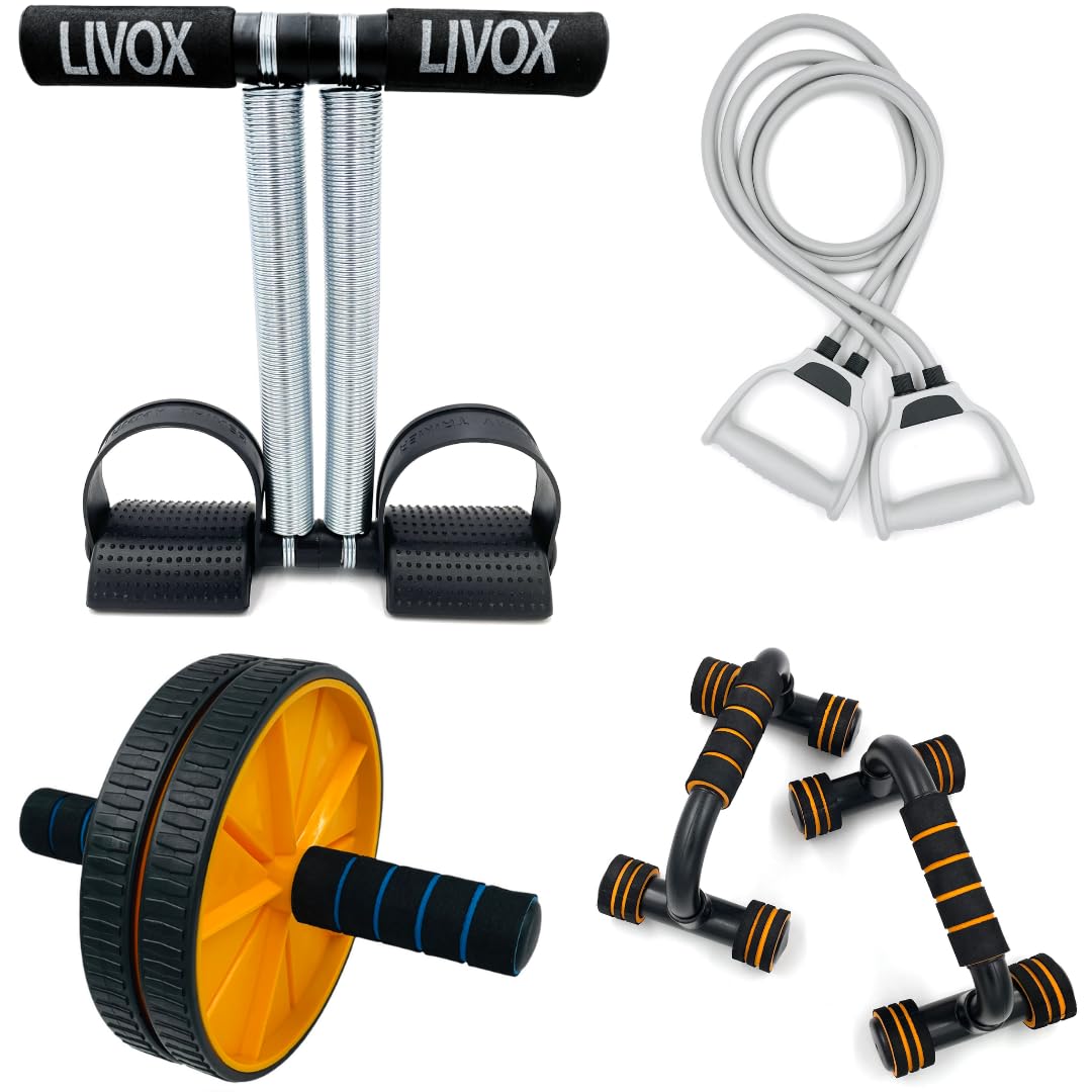 LIVOX® Tummy Trimmer Double Wheel Abs Roller Pushup Bar and Double Toning Resistance Tube Home Gym Exercise Equipment for Men Women Gym Kit Combo for Home Workout
