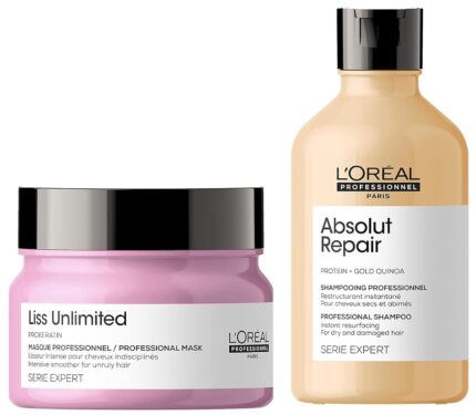 L’Oréal Professionnel Liss Unlimited Hair Mask, Serie Expert, 250gm & L'Oréal Professionnel Absolut Repair Shampoo For Dry And Damaged Hair, Serie Expert, 300Ml