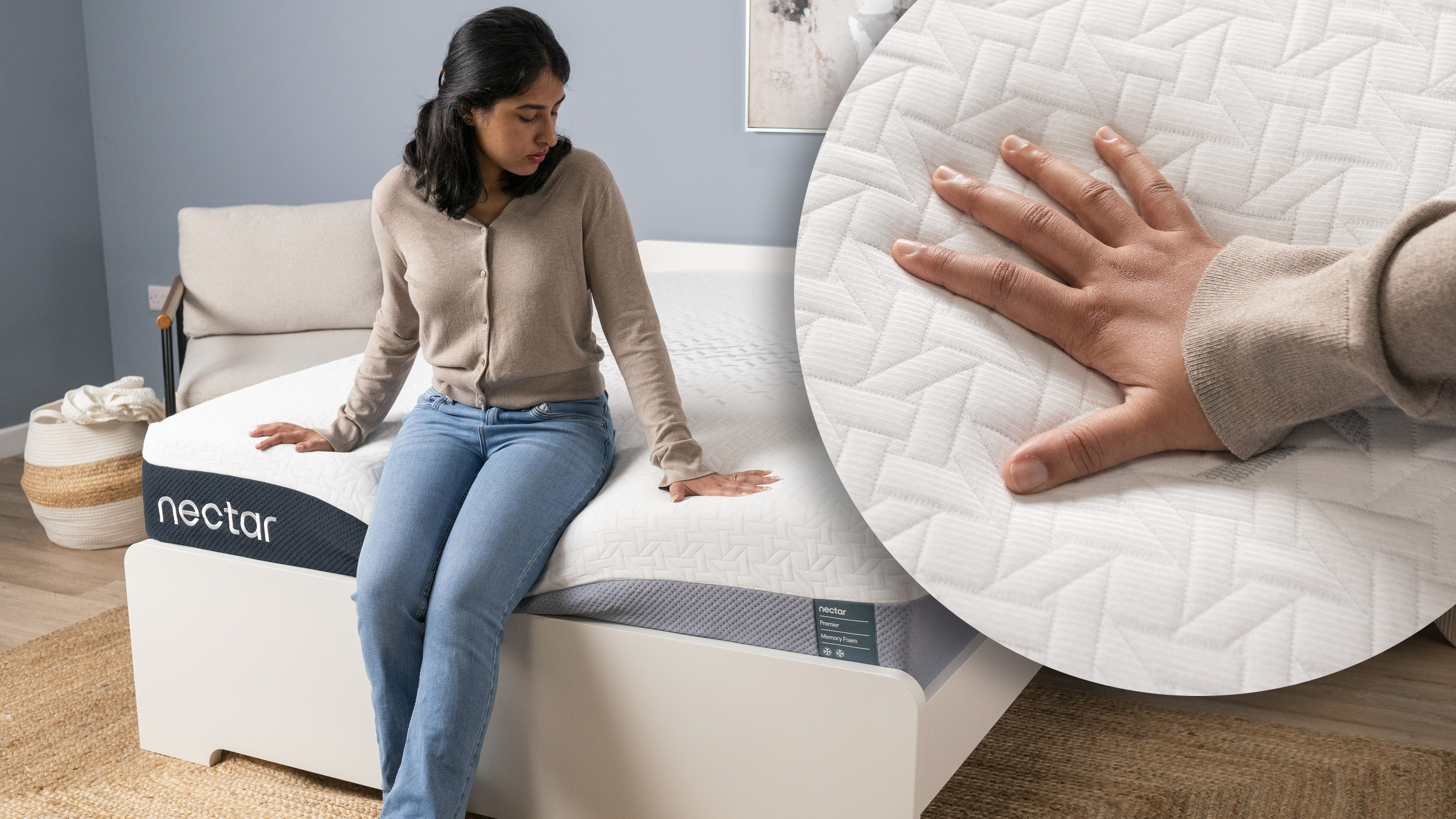 A woman sits on the edge of the Nectar Premier memory foam mattress in our sleep testing studio, checking the edge support and pressure relief. In the right hand corner, a close up of her hand pressing into the surface of the Nectar Premier Memory Foam Mattress