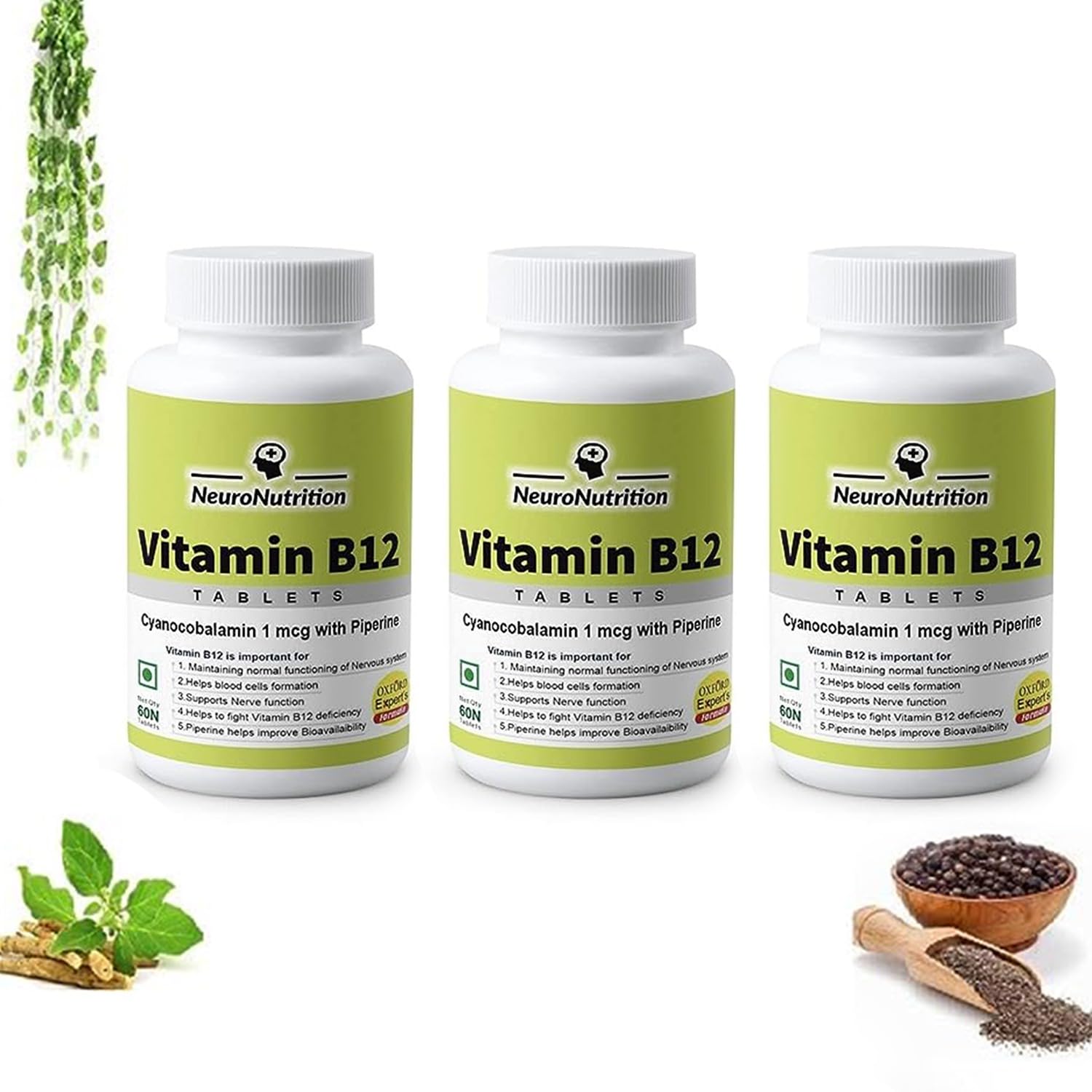 NeuroNutrition Oxford & Harvard Specialists formulated Vit B12 (methyl cobalamin) Plant-based Organic supplement tablets with Piperine Energy Metabolism Brain Heart Cognitive Support|Pack Of 3