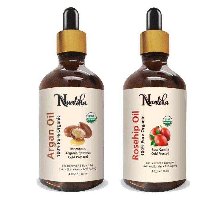 Nualoha 100% Pure Natural Moroccan Argan and Rosehip Seed Carrier Oil 118 ML Cold Pressed Moisturizer For Face, Hair Growth, Skin, Nails and Body Care for Women and Men