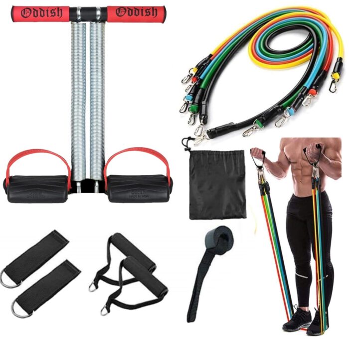 ODDISH; way to fitness Combo Pack: Tummy Trimmer with Large & Wide Double Spring + 11-in-1 Resistance Band Set | Abs Exerciser + Workout Bands for Home, Gym & Travel Fitness (Maroon)