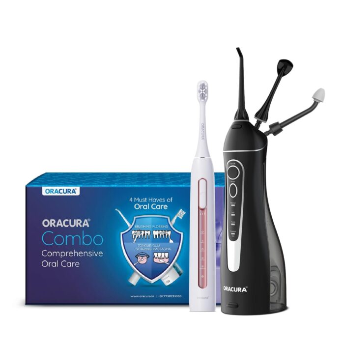 ORACURA® Daily Pro Combo OC200 Smart PLUS Water Flosser® Black & SB300 Sonic Smart Electric Rechargeable Toothbrush Peach
