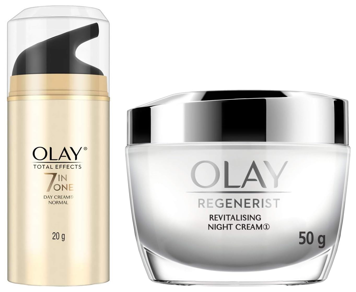 Olay Day Cream Total Effects 7 in 1, Anti-Ageing Moisturiser, 20g & Olay Night Cream Regenerist Deep Hydration Light Cream, 50g
