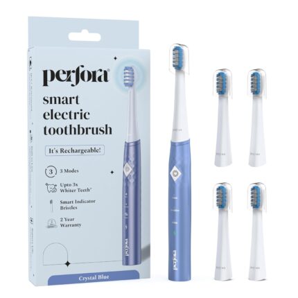 Perfora Rechargeable Electric Toothbrush | 5 Brush Heads | 30,000 Vibrations | Smart Indicative Bristles | 3 Modes | 2 Year Warranty | Electric Brush, Electric Toothbrush For Men, Women & Kids | Blue