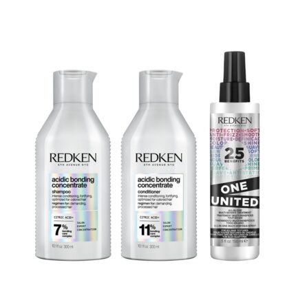Redken Acidic Bonding Concentrate Shampoo, Conditioner & One United Leave-In Treatment Combo | For Dry, Damaged, Coloured and Frizzy Hair | For Men & Women