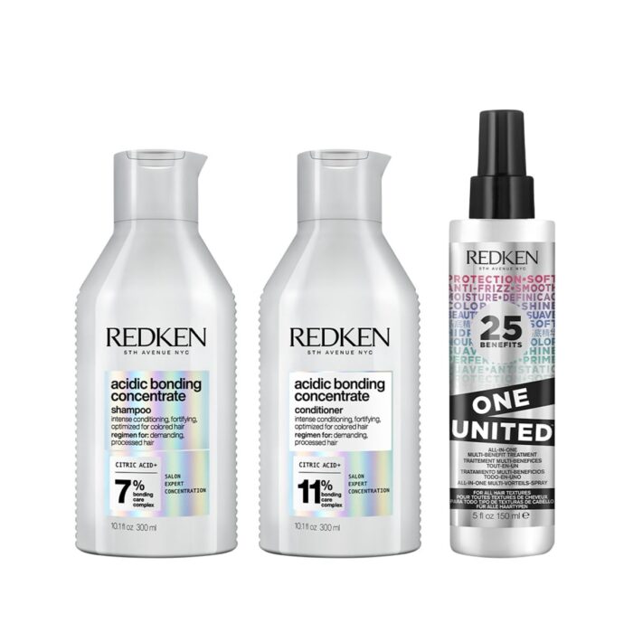 Redken Acidic Bonding Concentrate Shampoo, Conditioner & One United Leave-In Treatment Combo | For Dry, Damaged, Coloured and Frizzy Hair | For Men & Women