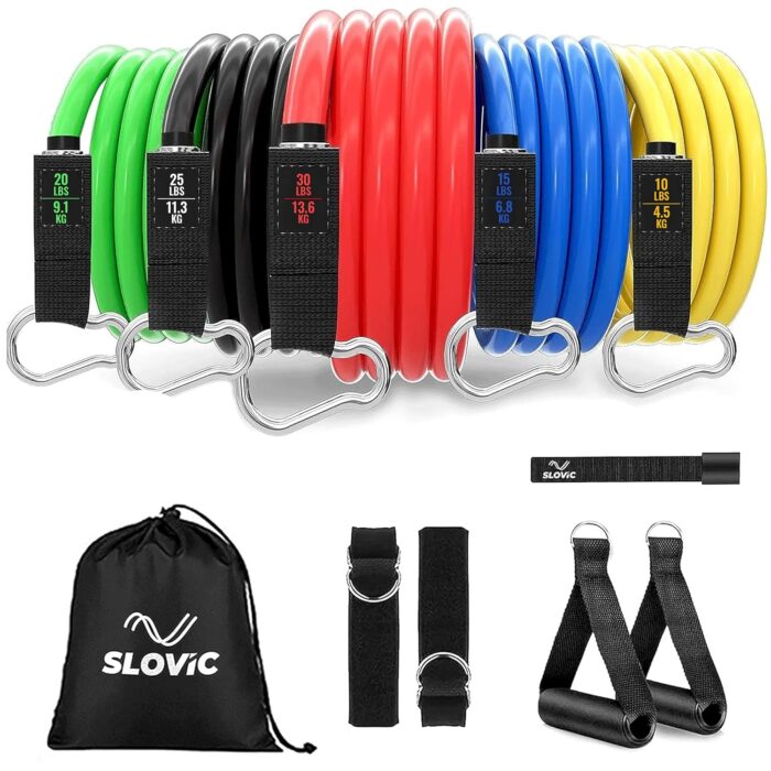 SLOVIC Resistance Tube for Men and Women [Upto 45Kg] | Resistance Band Set & Exercise Bands | Resistance Band for Pull Up | (11 Pieces Tube Set) Gym Equipment for Home Workout | Natural Rubber